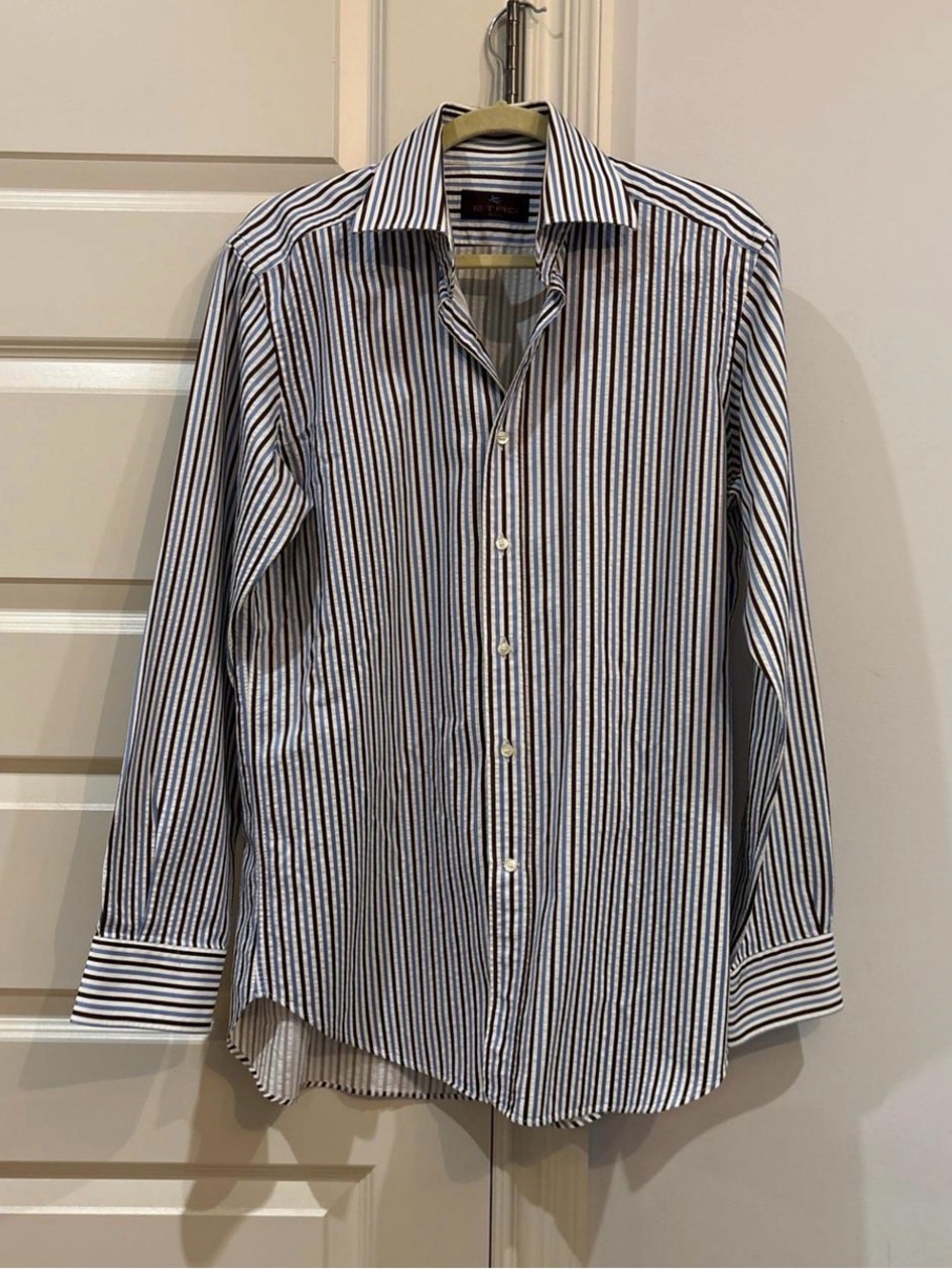 Etro Men's Multi-Stripe Dress Shirt in Blue, White & Brown